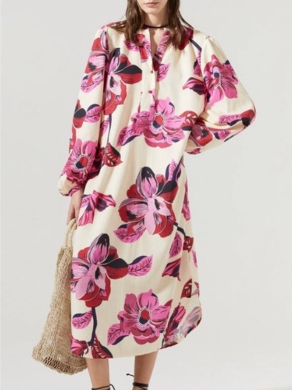 Lanhtropy Cream Floral Casual Dress Pink & Red Blooms
